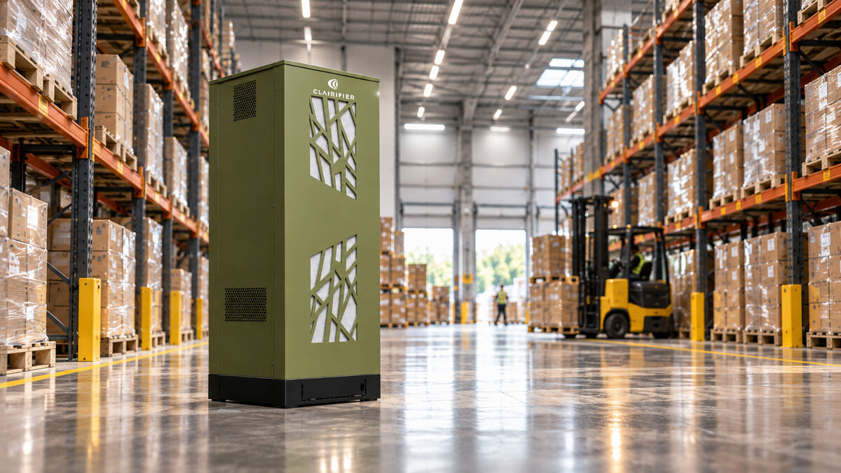 Clairifier FX100 in a warehouse with pallet racking and forklifts
